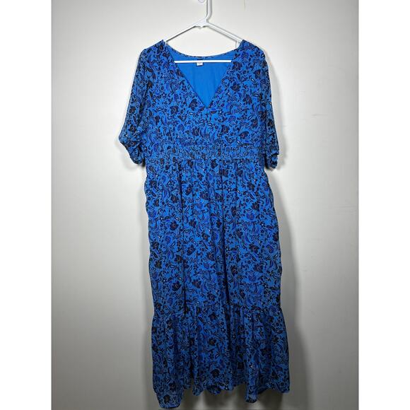 Old Navy Royal Blue Midi Dress XL Floral Tiered Cottagecore Modest Fall Wedding - Picture 1 of 11